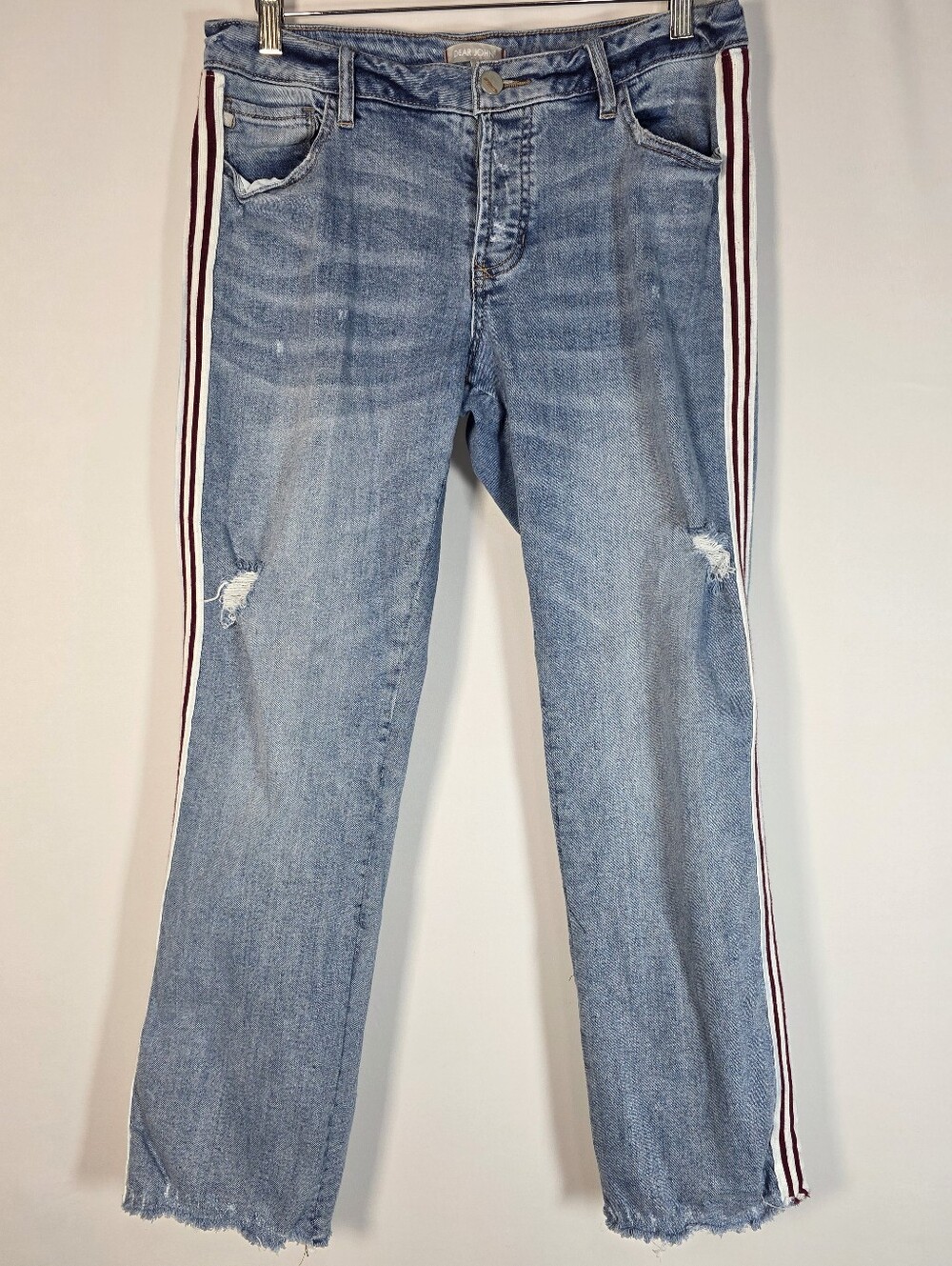 Dear John 30 Cropped Flare Jeans Side Stripe Distressed Raw Hem